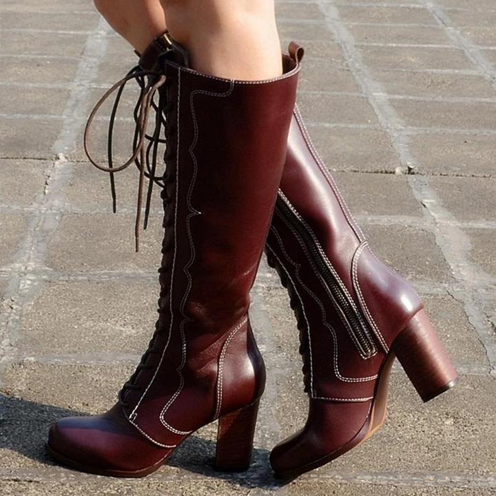Chunky Heel Lace-Up Faux Leather Cowgirl Boots