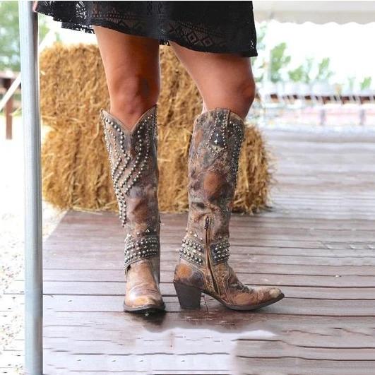 Women's Rivets Pointed Toe Western Cowboy High Boots