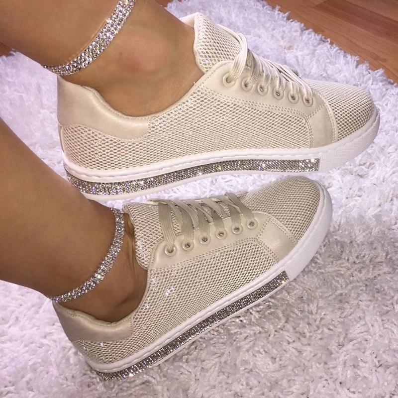 Women's Fashion Solid Color Rhinestone Decorative Mesh Breathable Casual Shoes