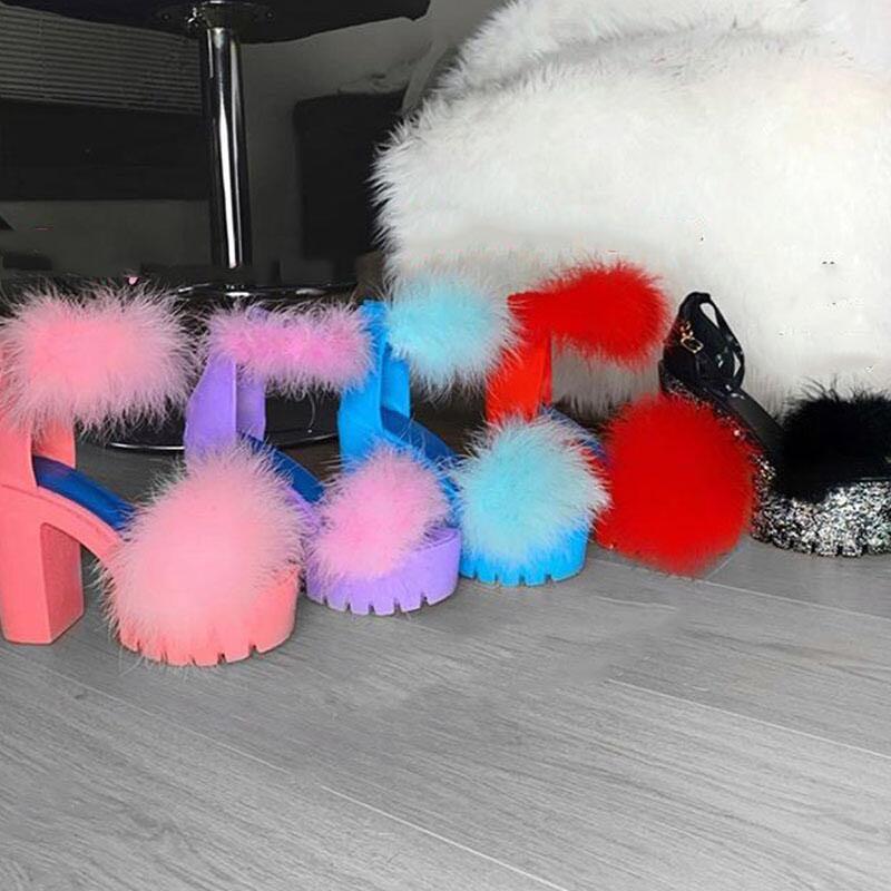 Women Sexy Fur Chunky Snadals
