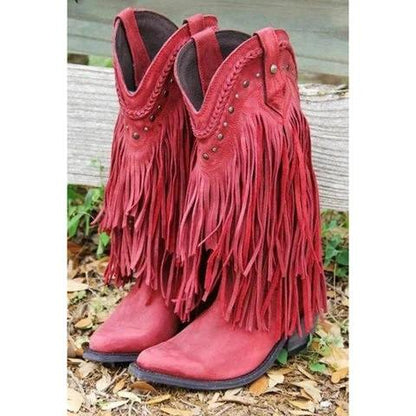 Plus Size Tassel Vintage Leather Chunky Heel Cowboy Boots