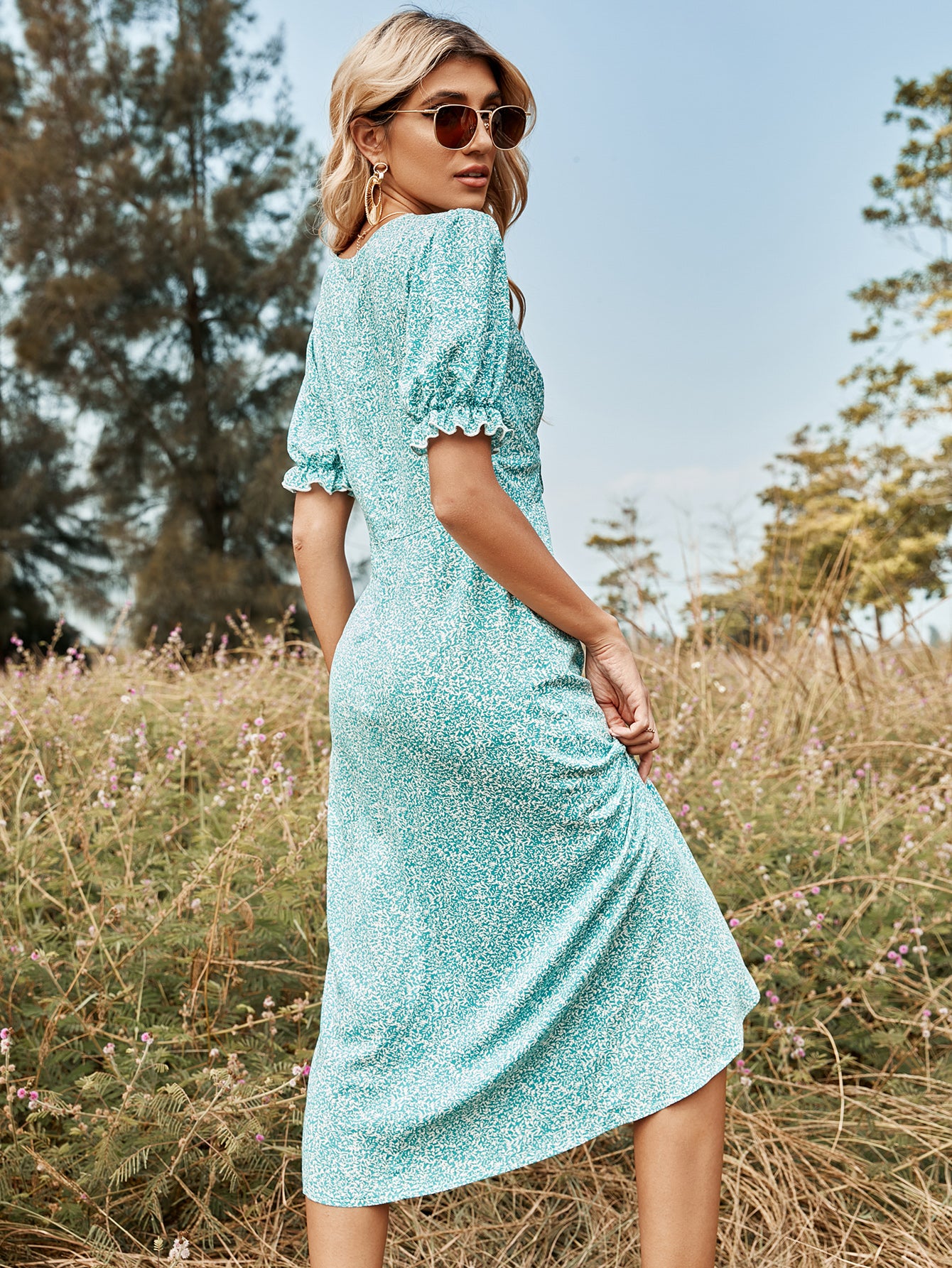 Single-breasted Long Print Dress with Short Sleeves