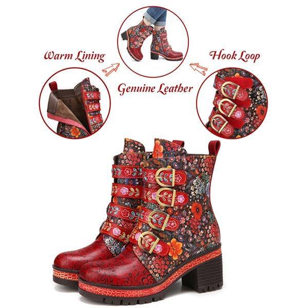 Floral Pattern Metal Buckle Chunky Heel Short Boots