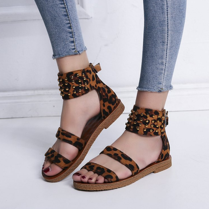 Woman Fashion Leopard Strap Flat Rivet Ankle Beach Sandals