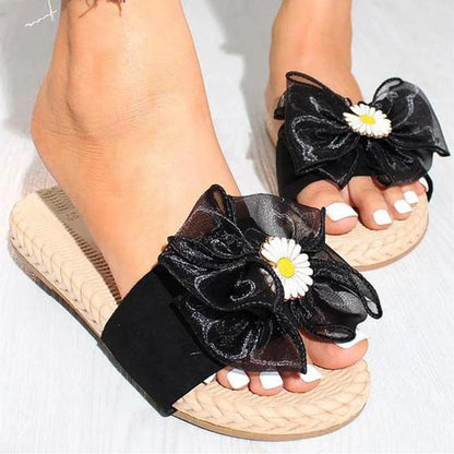 Floral Pattern Peep Toe Slides Flat Sandals