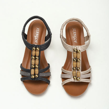 Bohemian folk style wedges sandals-Rhinestones beaded beach shoes