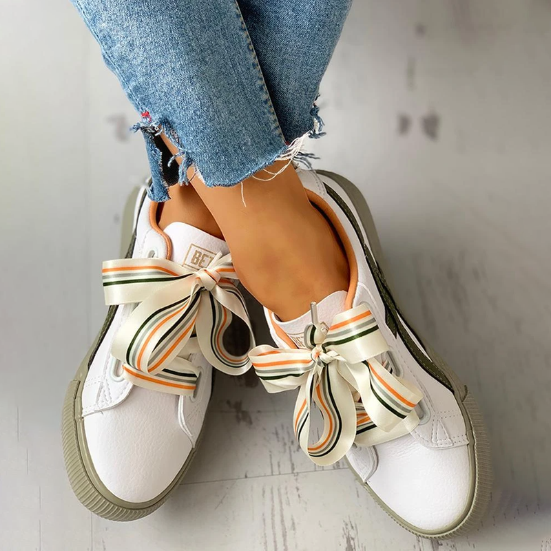 Stripe Ribbon Lace-Up Lines Colorful Sneakers