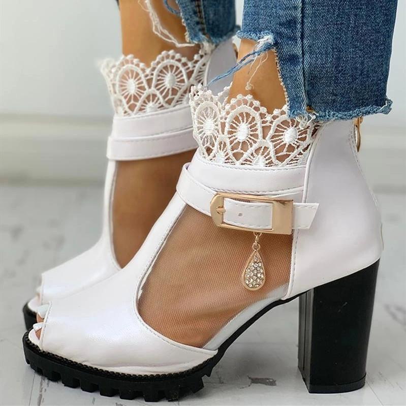 Peep Toe Lace Decoration T-Strap Heeled Sandals