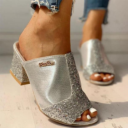 Fashion thick high-heeled color-block sequin fish mouth women's slippers