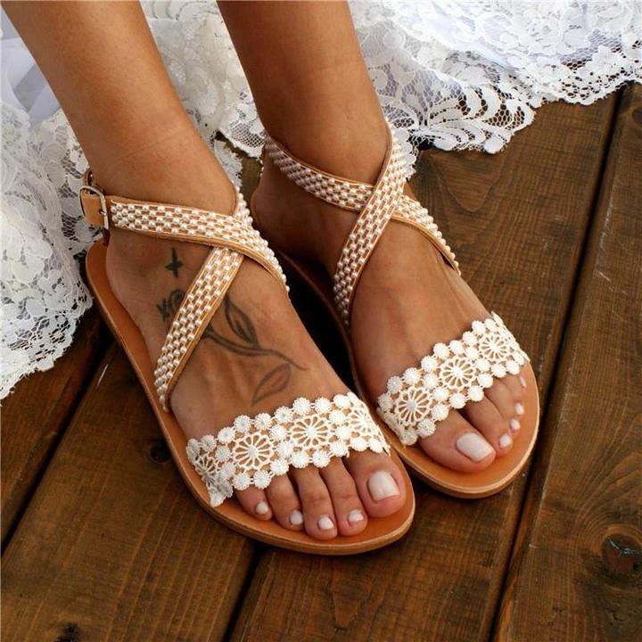 Women's Wedding Pearl Lace Open Toe Buckle Strap Flat Heel Sandals