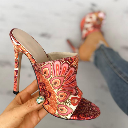 Peacock Feather Print Thin Heeled Sandals
