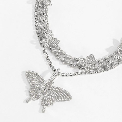 Vintage Big Butterfly Cuban Diamond Necklace