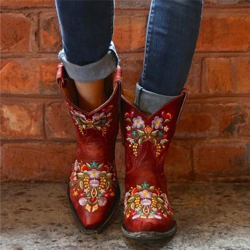 Slip-On Pointed Toe Floral Thread Boots