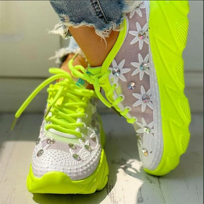2020 New And Fashional Women's Mesh Rhinestone Platform With Wedges And Hollowed Out Sneakers