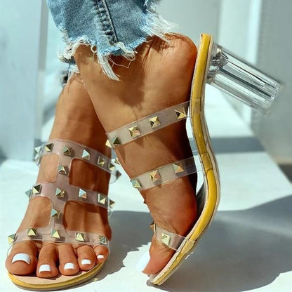 Transparent Strap Rivet Heeled Sandals