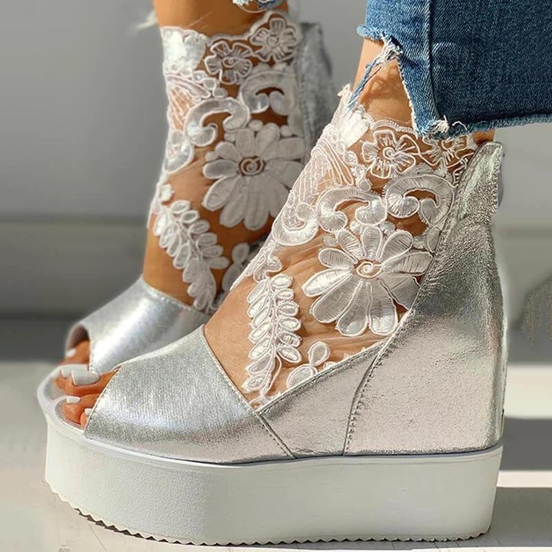 Women Fashion Lace Hollow Out Wedge Sandals