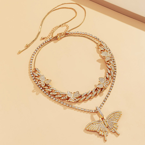 Vintage Big Butterfly Cuban Diamond Necklace