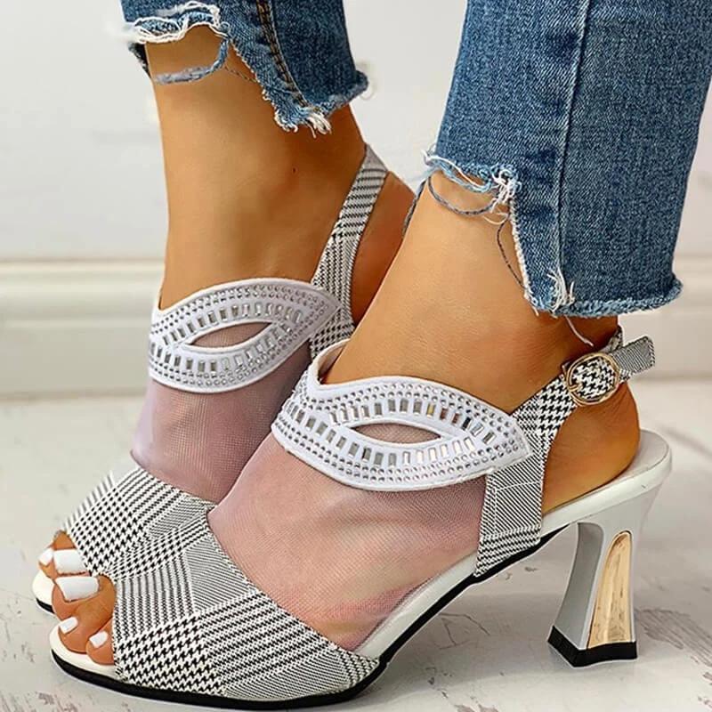 Women Mesh Hollow Out Rhinestone Chunky Sandals