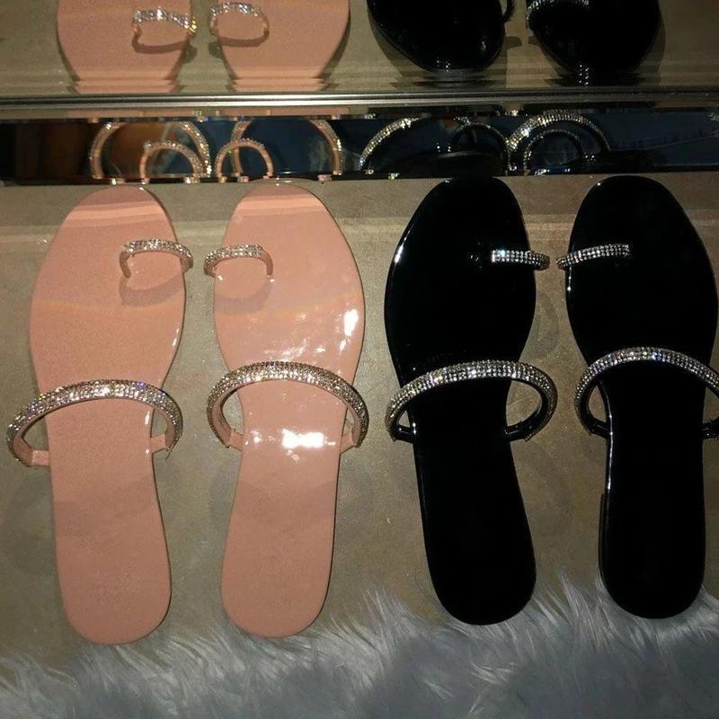 Flat With Slip-On Rhinestone Toe Ring Casual Rubber Slippers