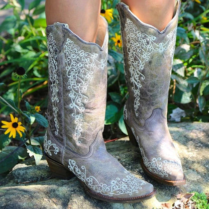 Vintage Low Heel Flower Printed Boots