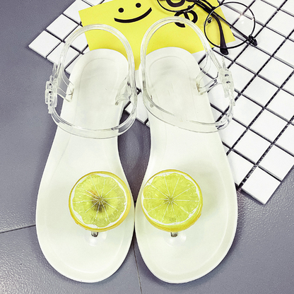 Women's Fashion Transparent Strap Side Open Lemon Pattern Flat Beach Sandals