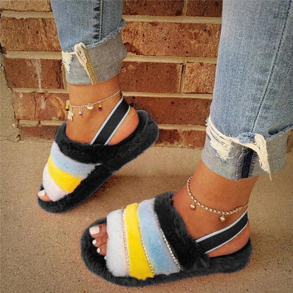 Comfy Fluffy Fur Cuty Hit Color Open Toe Slip On Sandals