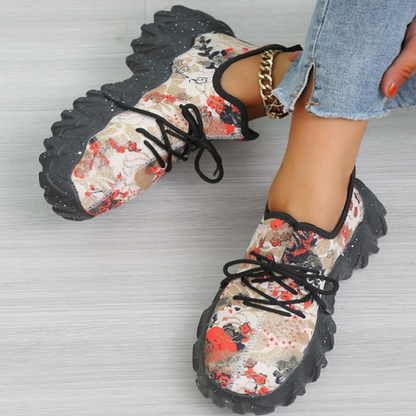 Ladies Round Toe Print Lace-up Sneakers
