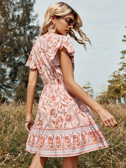 V-neck Pink Medium Length Women's Printed Dress